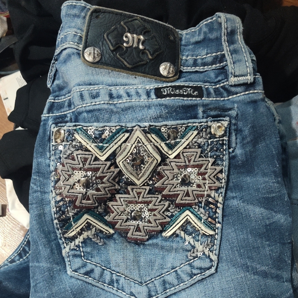 Miss Me Denim Straight Leg Pants with Geometric Embroidery